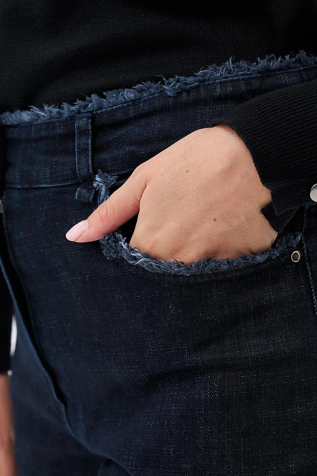 Fringed Denim Pants Navy Blue