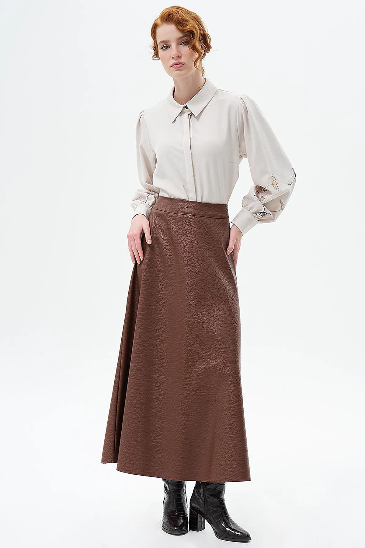 Faux Leather Flared Skirt Tan