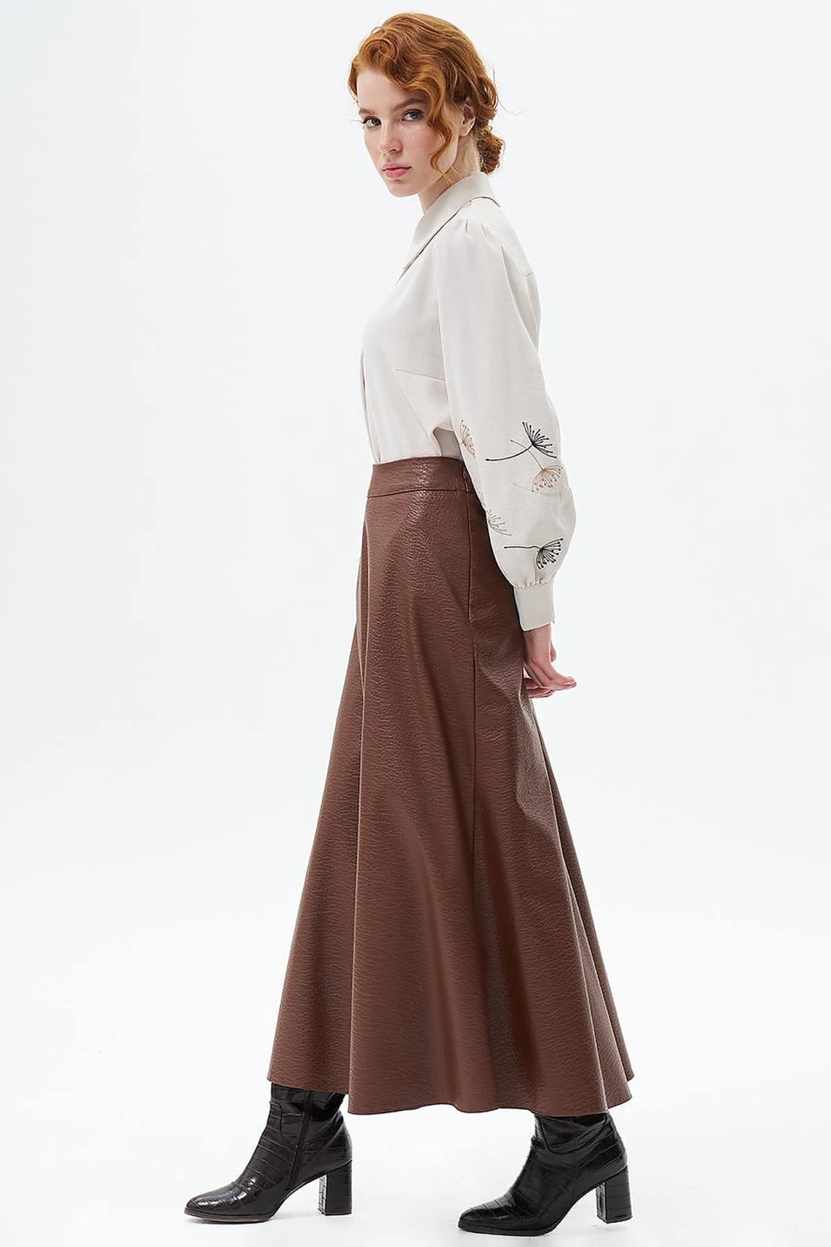 Faux Leather Flared Skirt Tan