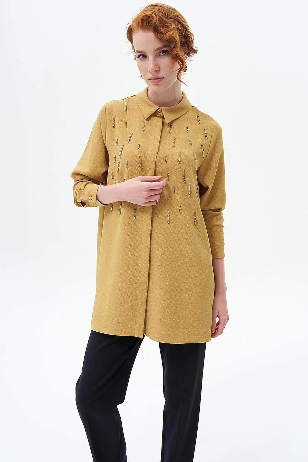 Stone Embroidered Chic Tunic Mustard