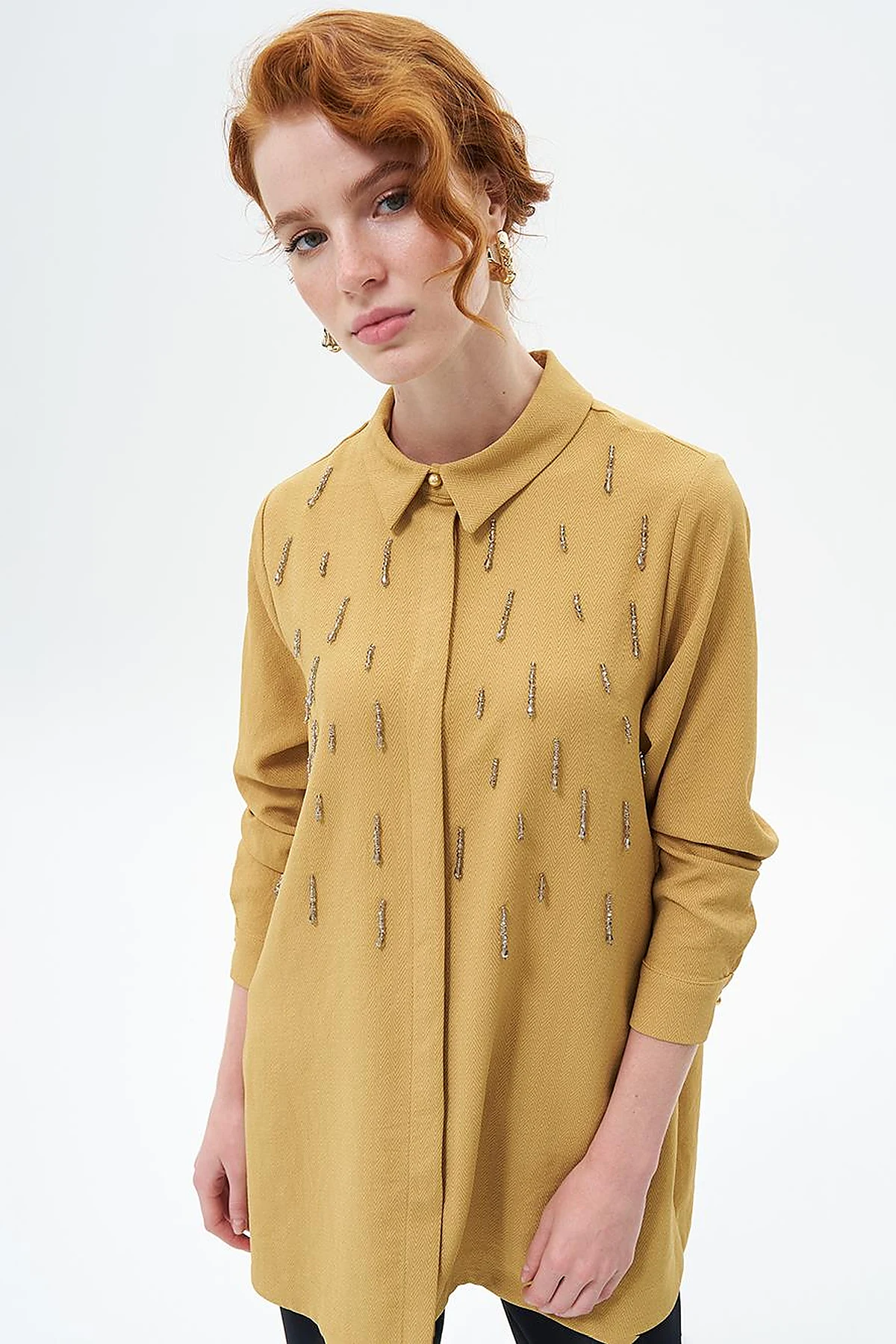 Stone Embroidered Chic Tunic Mustard