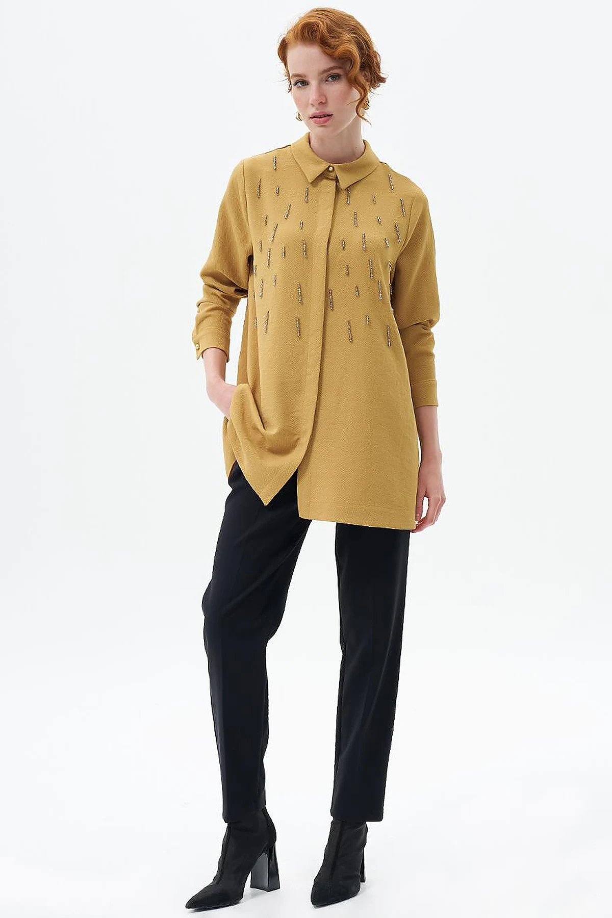Stone Embroidered Chic Tunic Mustard
