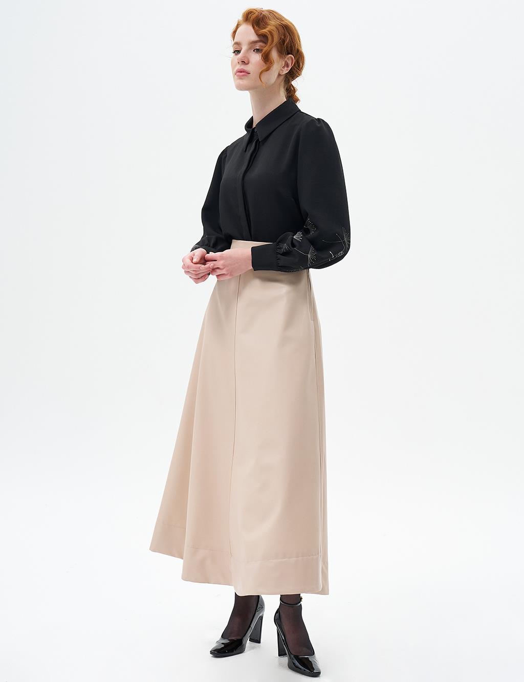Faux Leather Flared Skirt Light Beige