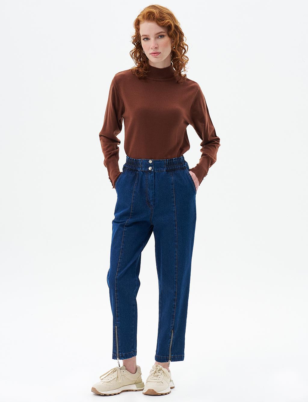 Paçası Fermuarlı Denim Pantolon Lacivert