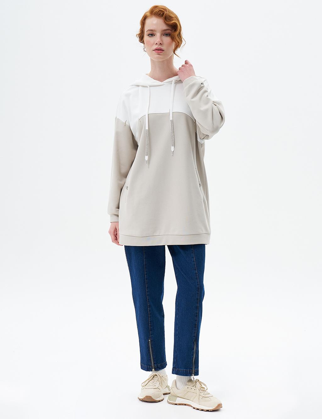 Kumaş Garnili Üç İplik Sweatshirt Gri 