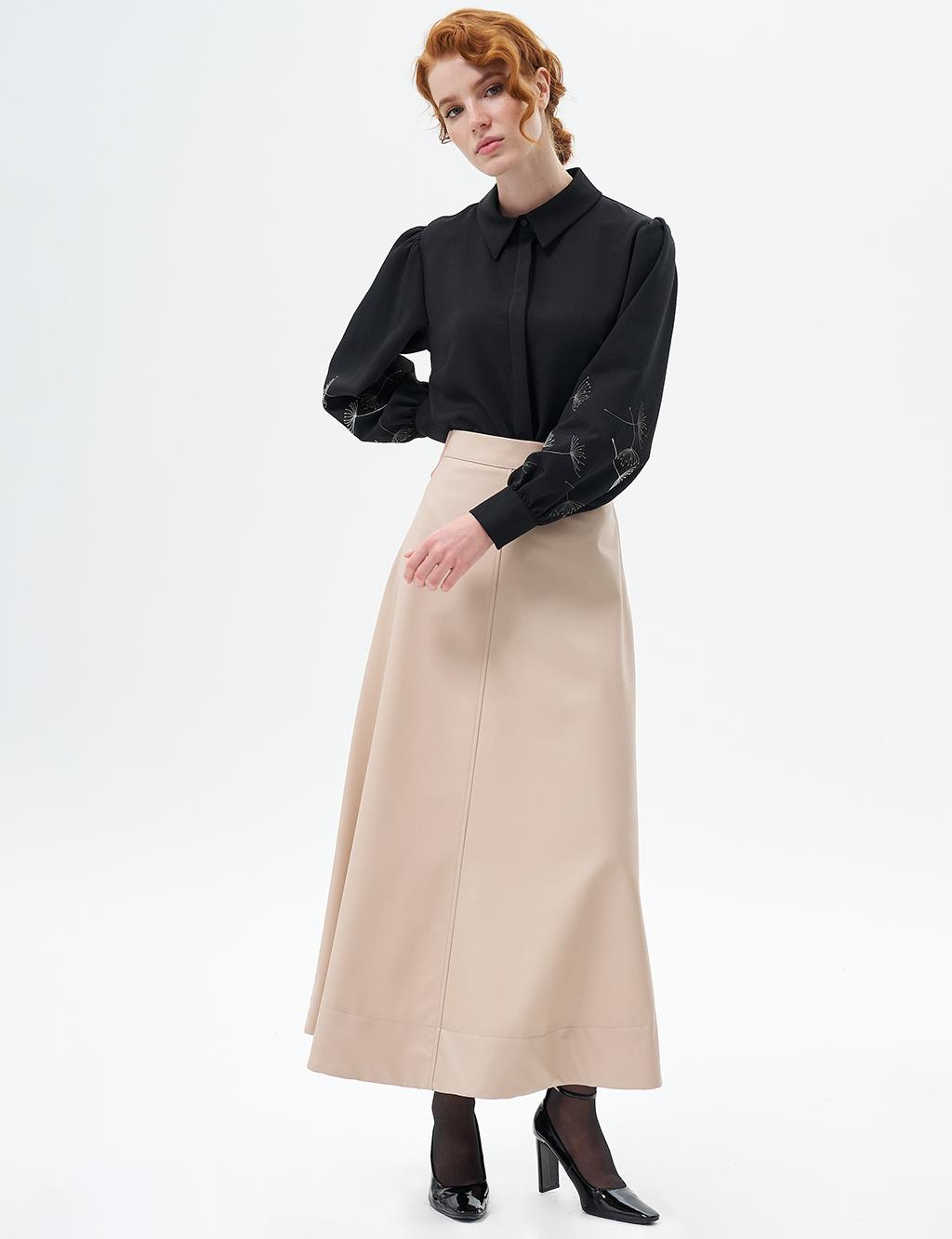 Faux Leather Flared Skirt Light Beige