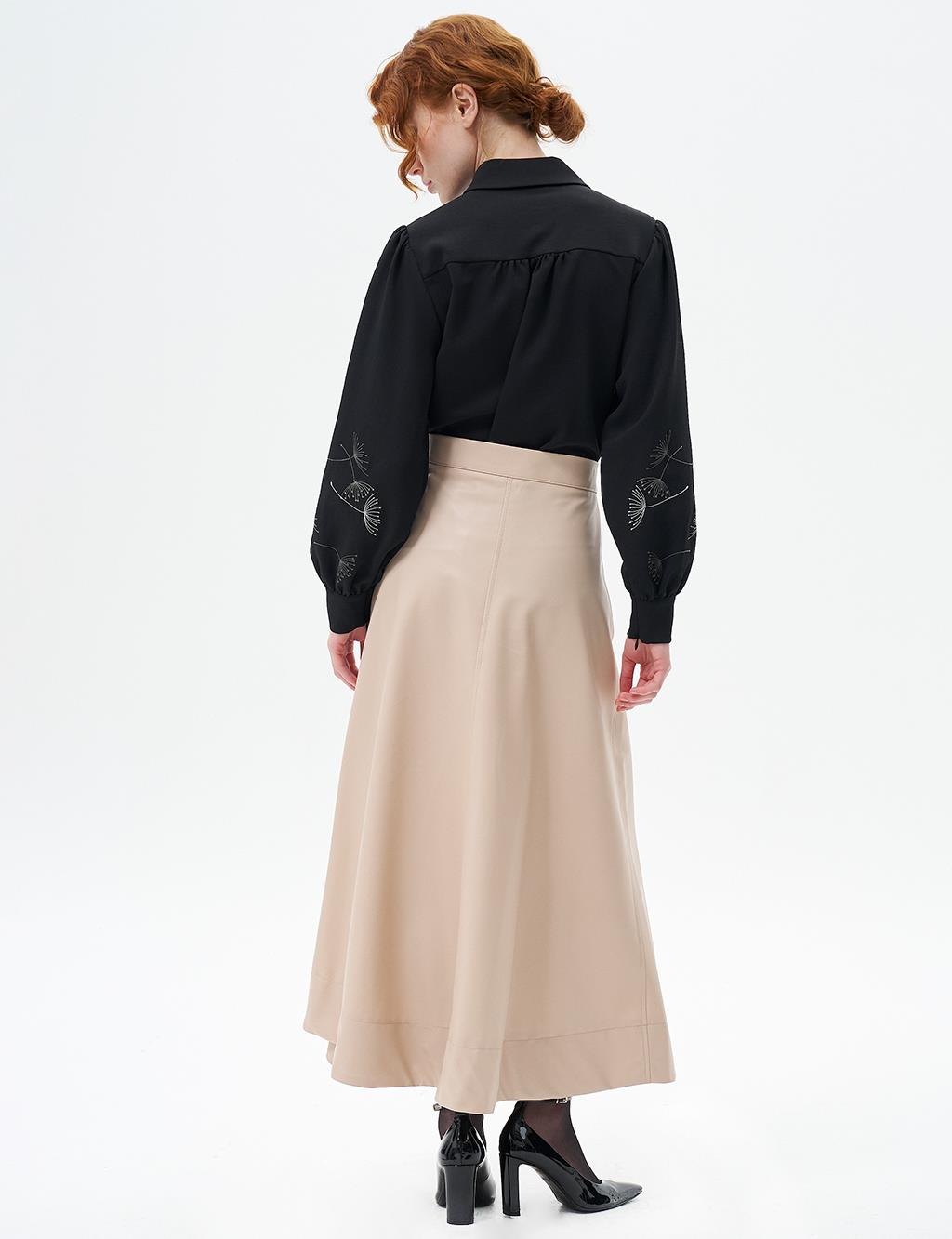 Faux Leather Flared Skirt Light Beige