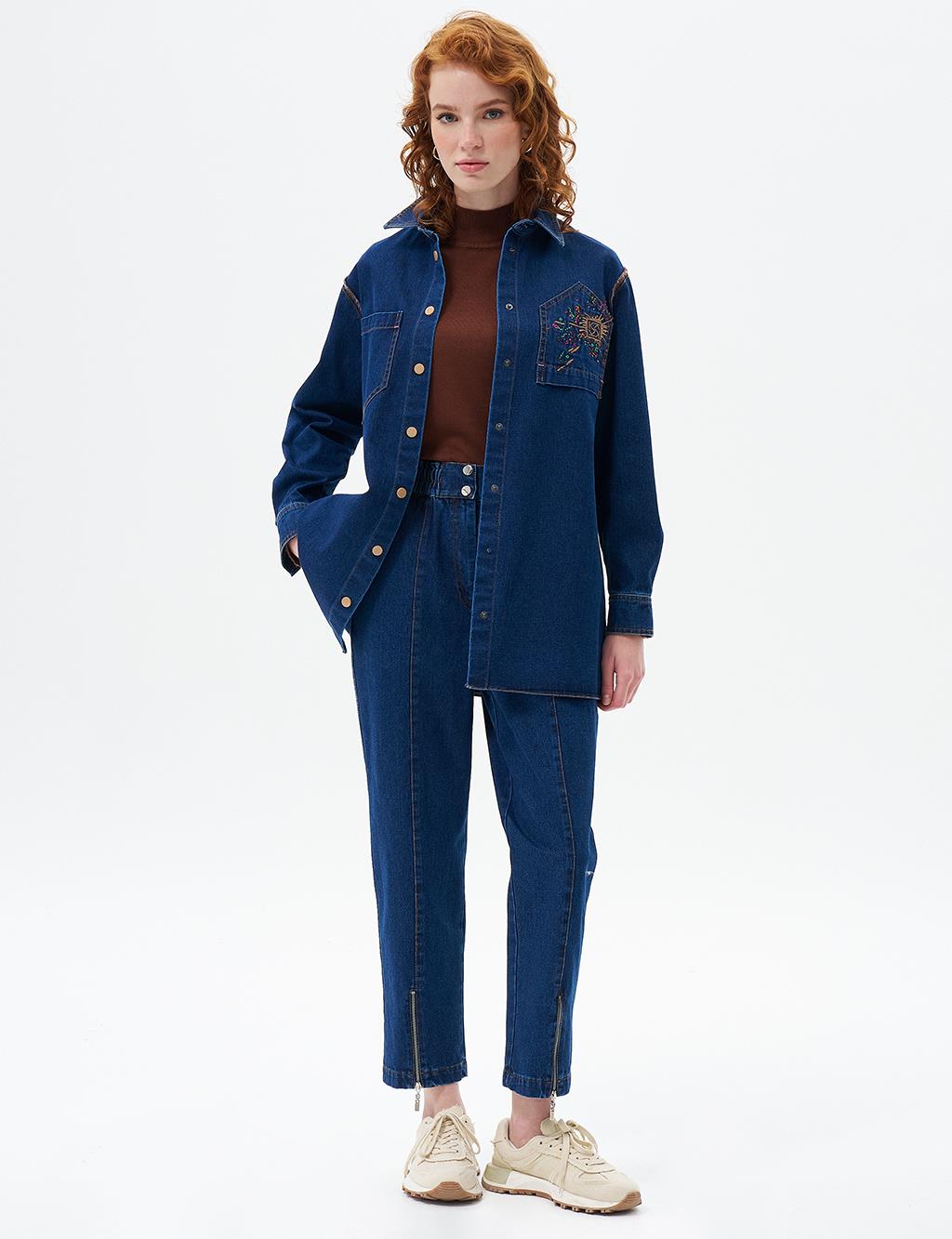 Paçası Fermuarlı Denim Pantolon Lacivert