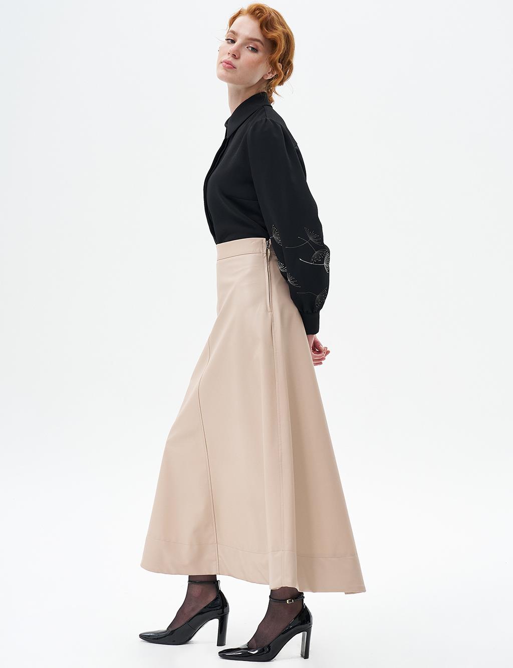 Faux Leather Flared Skirt Light Beige