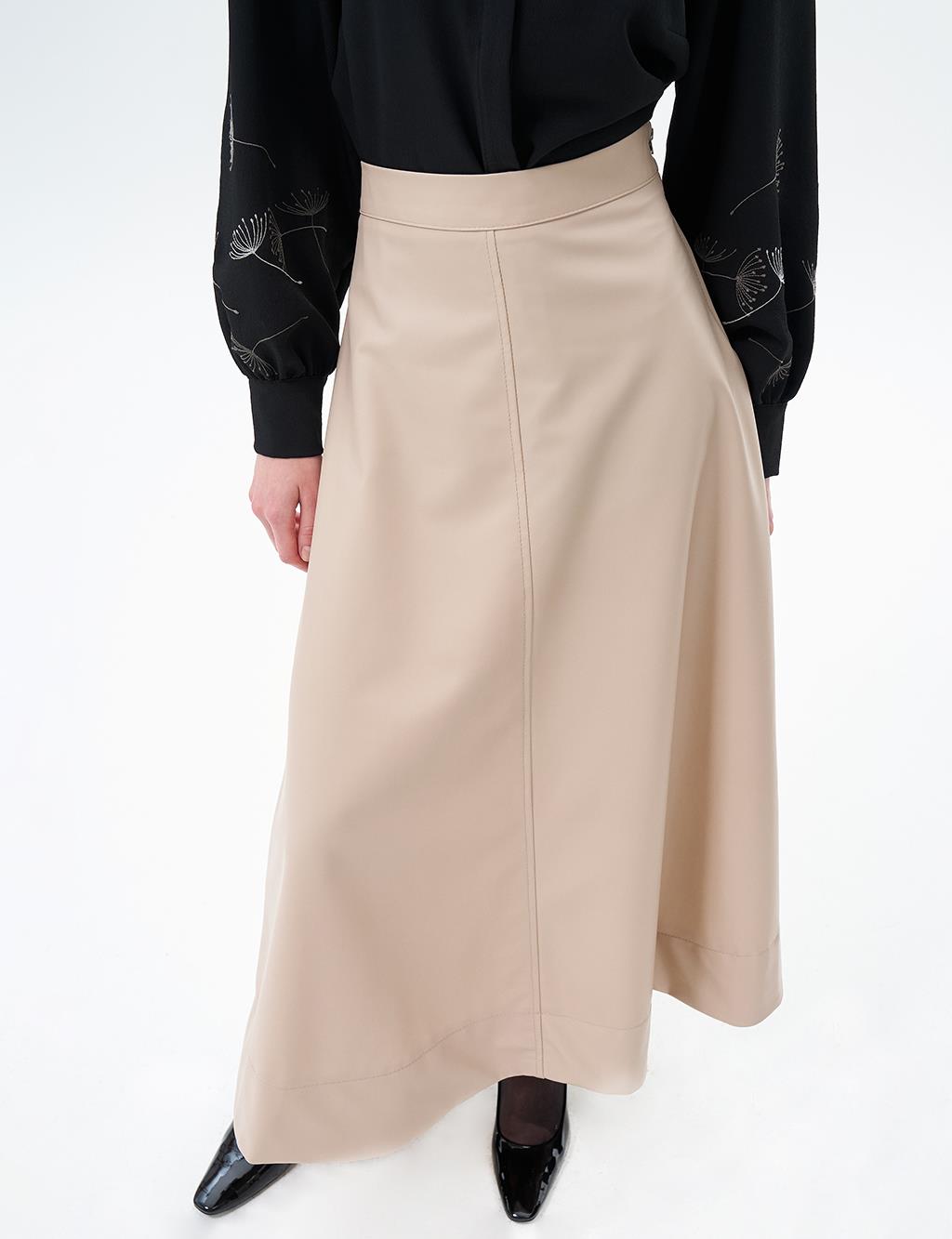 Faux Leather Flared Skirt Light Beige