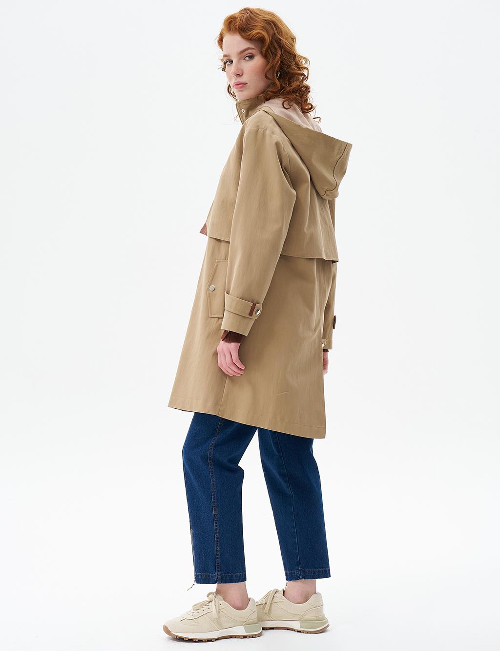 Stand Collar Coat with Pocket Detail Beige