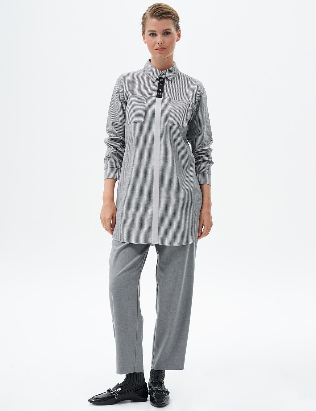 Striped Pattern Tunic with Elastic Gathered Wrists Black