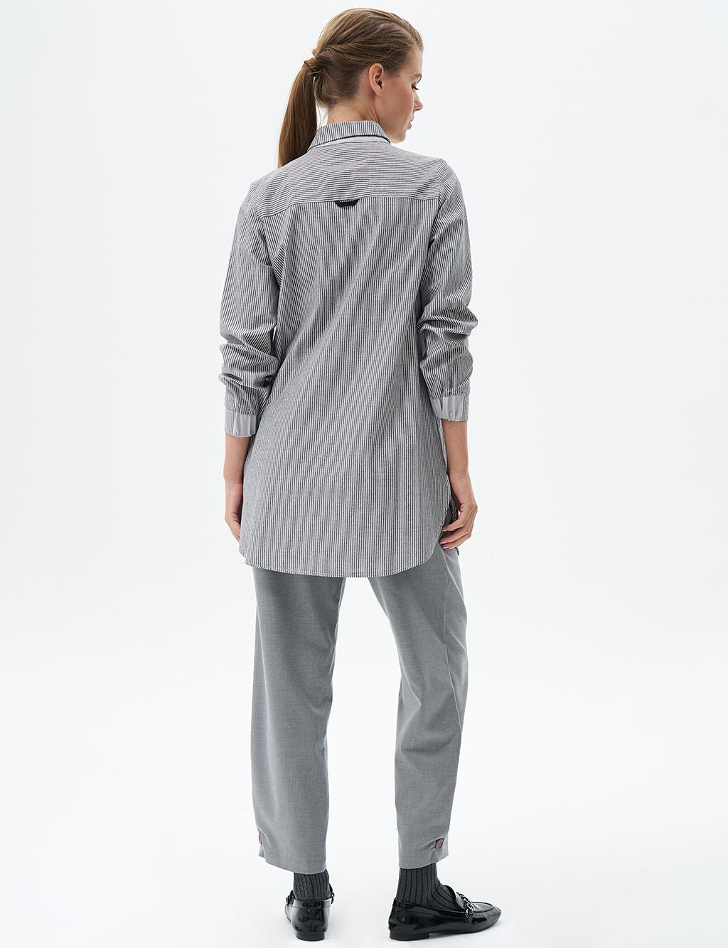 Striped Pattern Tunic with Elastic Gathered Wrists Black