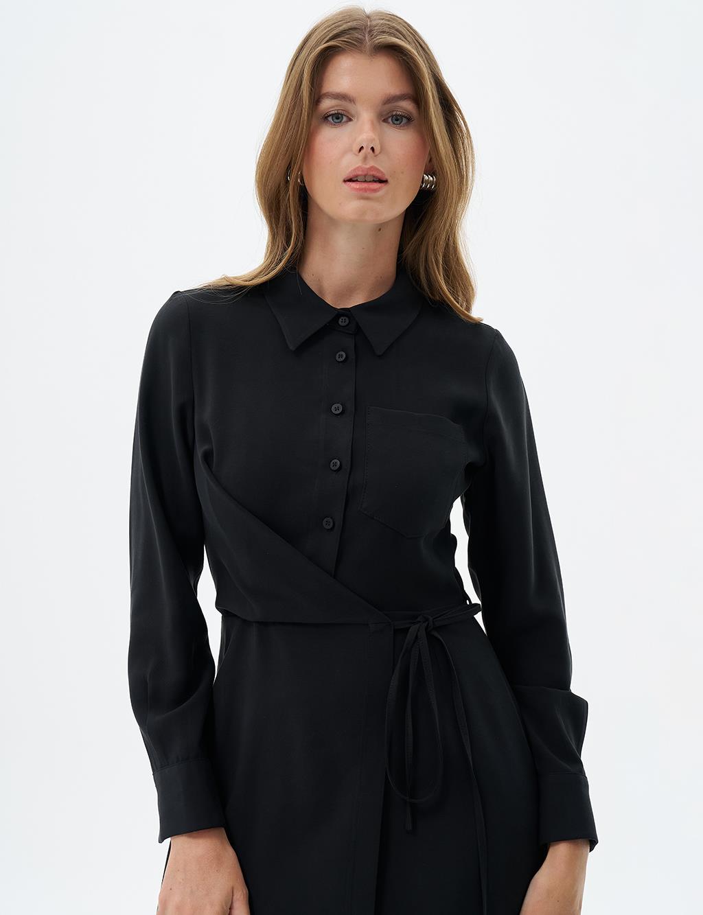 Bel Detaylı Rayon Elbise Siyah