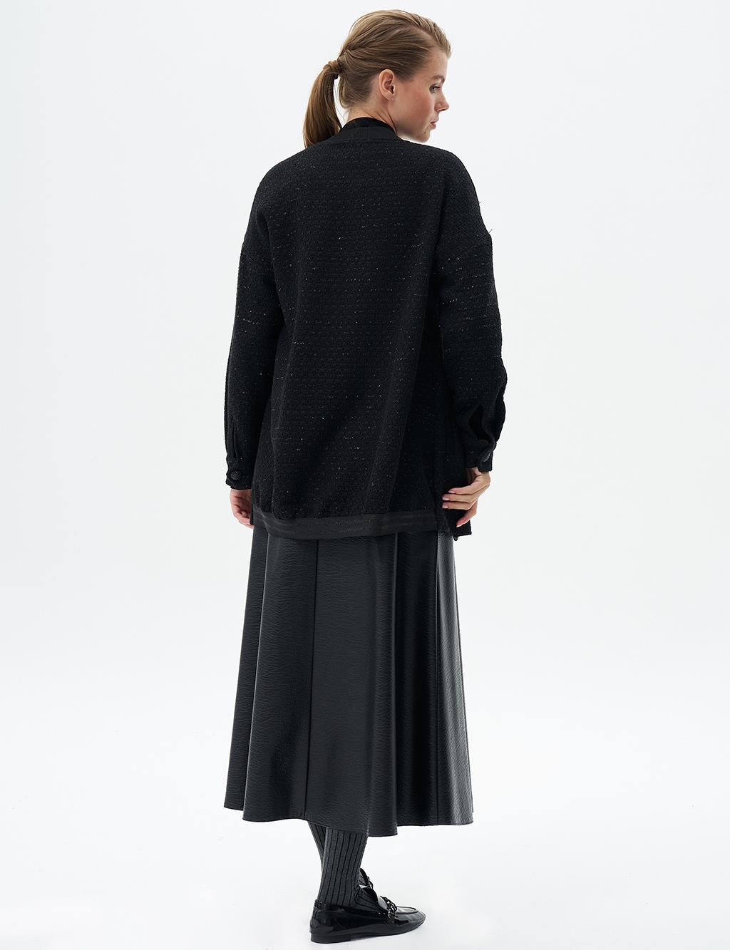 Ribbed Brooch Detailed Jacket Black