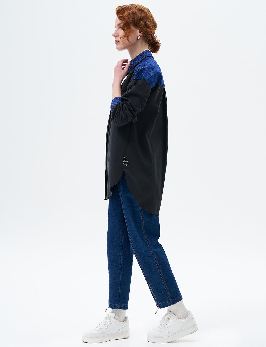 Blouse with Hidden Garnish on the Placket Black