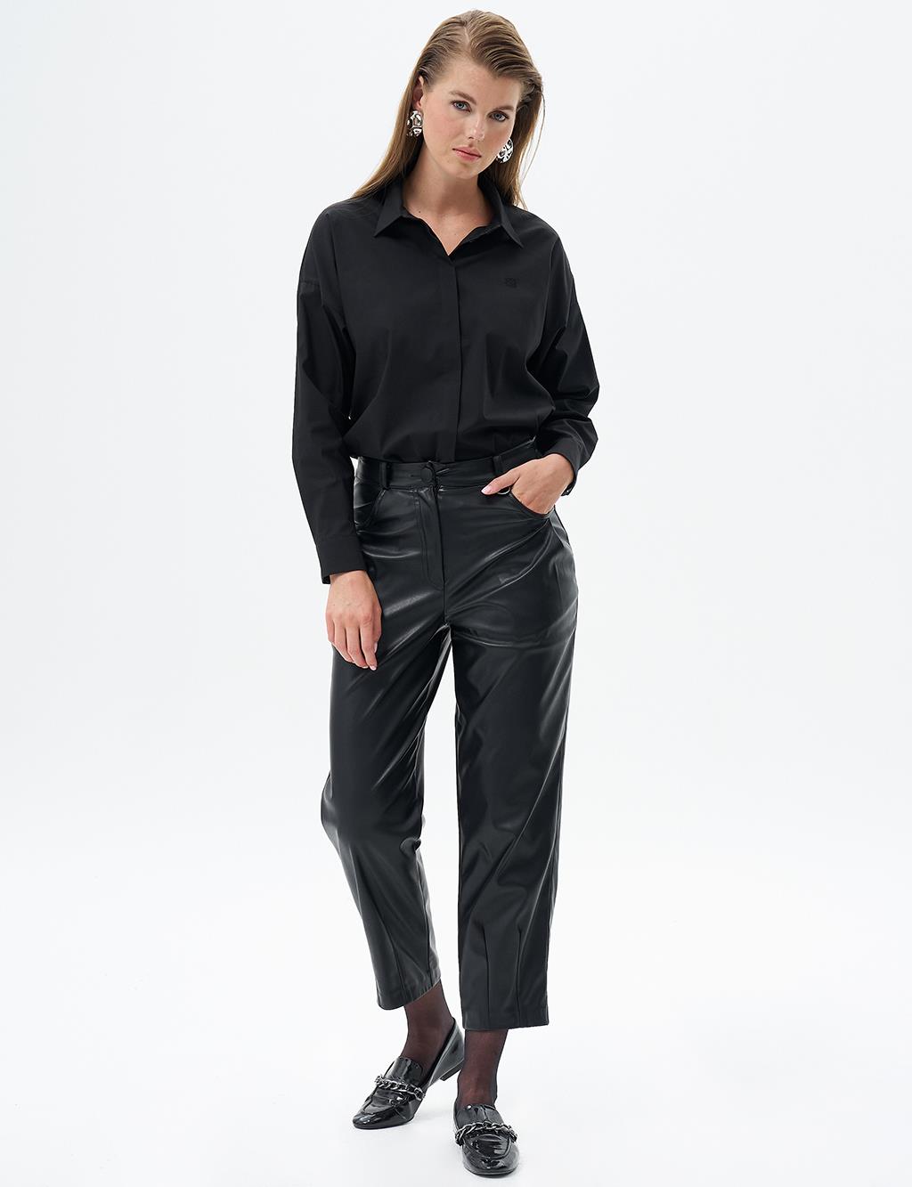 Metal Accessory Detailed Faux Leather Pants Black