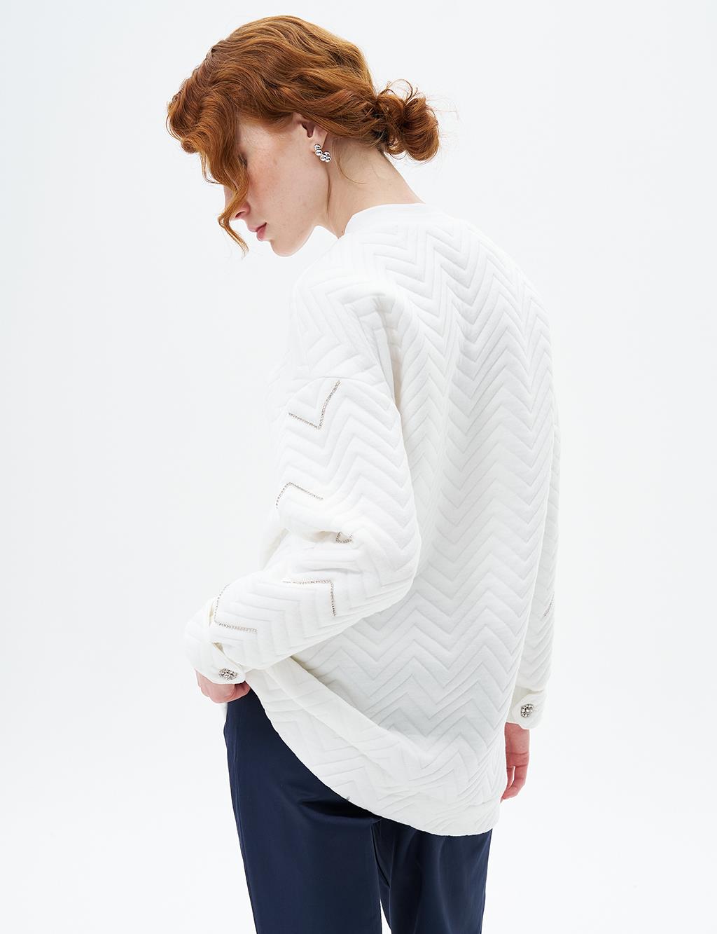 Taş İşlemeli Yarım Fermuar Kapamalı Sweatshirt Optik Beyaz
