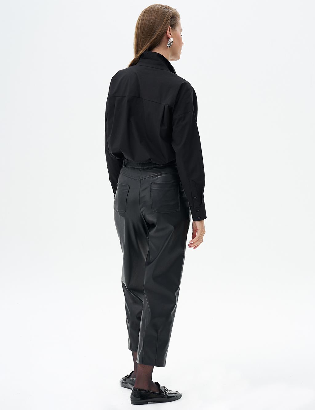 Metal Accessory Detailed Faux Leather Pants Black