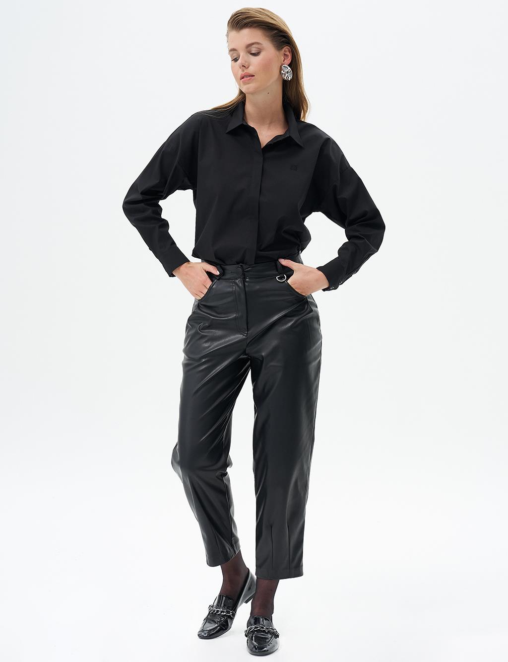 Metal Accessory Detailed Faux Leather Pants Black
