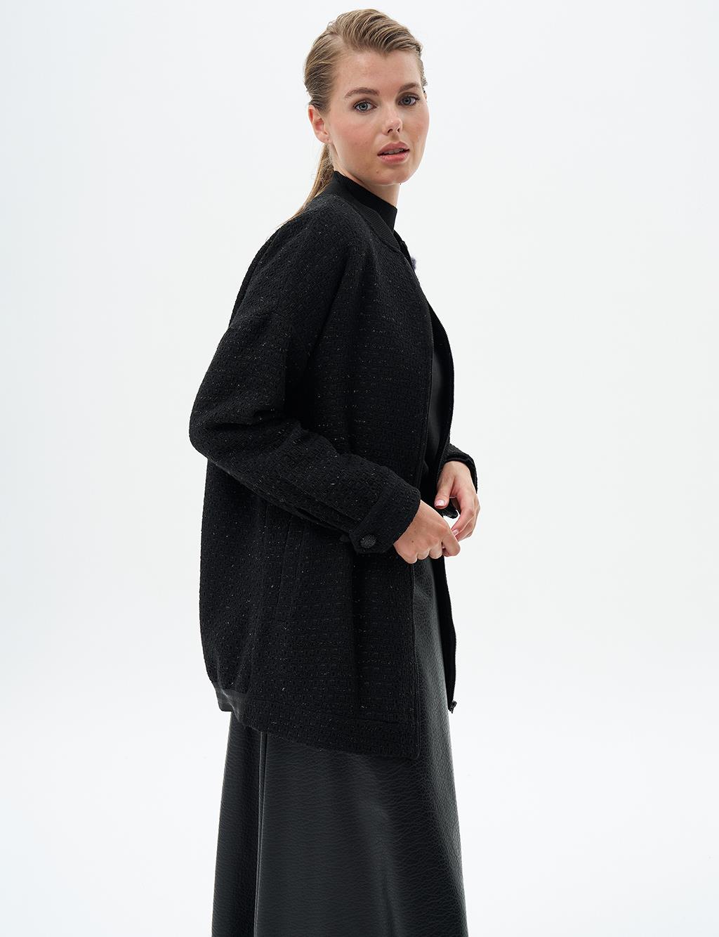 Ribbed Brooch Detailed Jacket Black