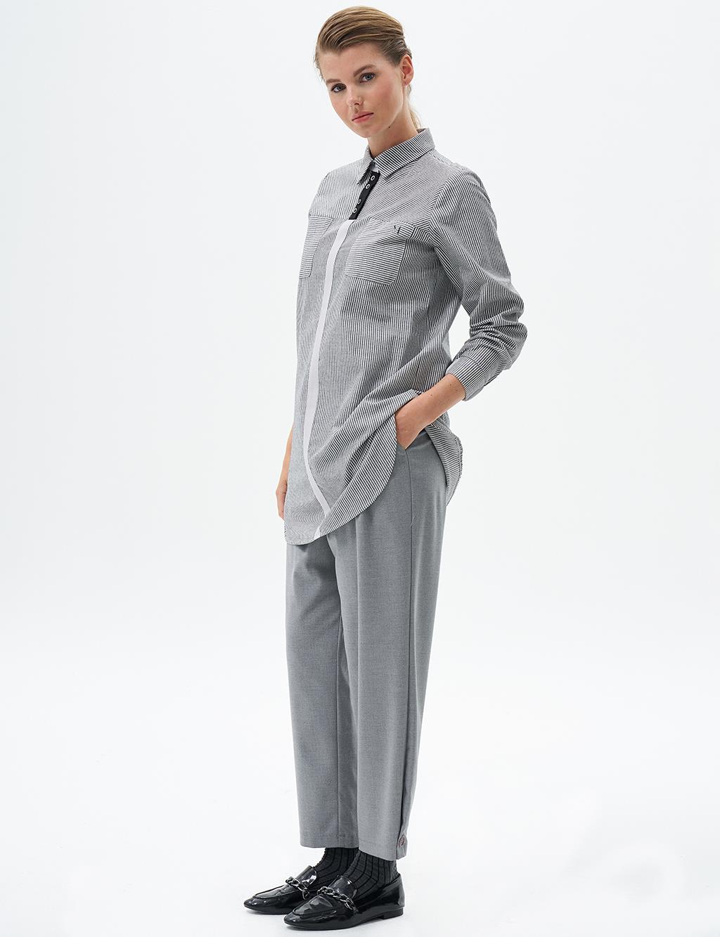 Striped Pattern Tunic with Elastic Gathered Wrists Black