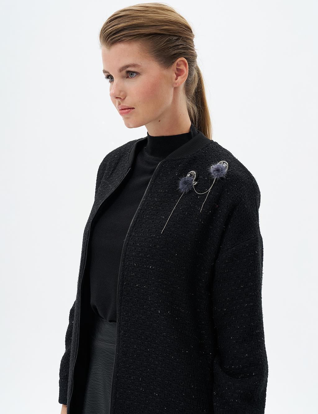 Ribbed Brooch Detailed Jacket Black