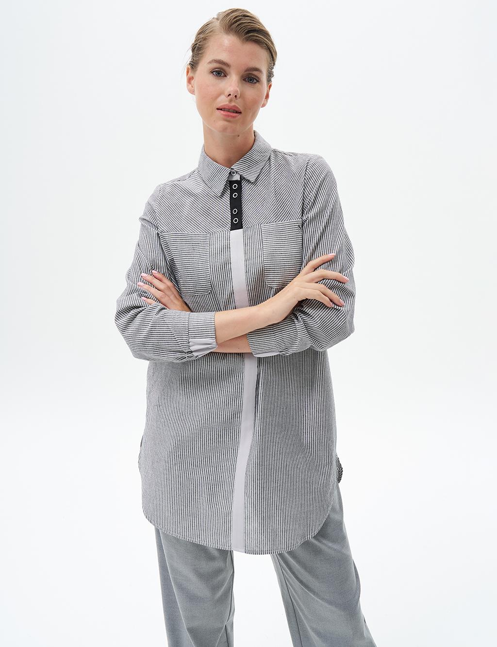 Striped Pattern Tunic with Elastic Gathered Wrists Black