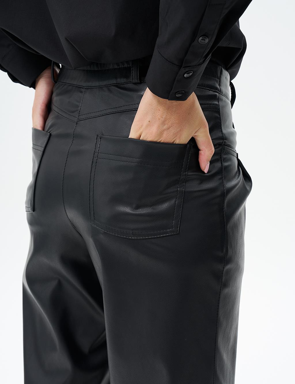 Metal Accessory Detailed Faux Leather Pants Black