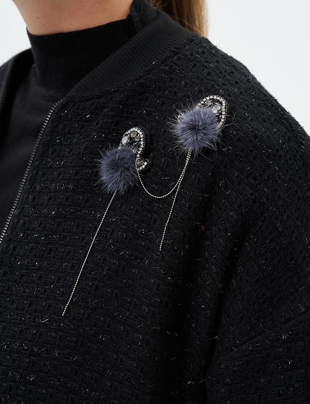 Ribbed Brooch Detailed Jacket Black