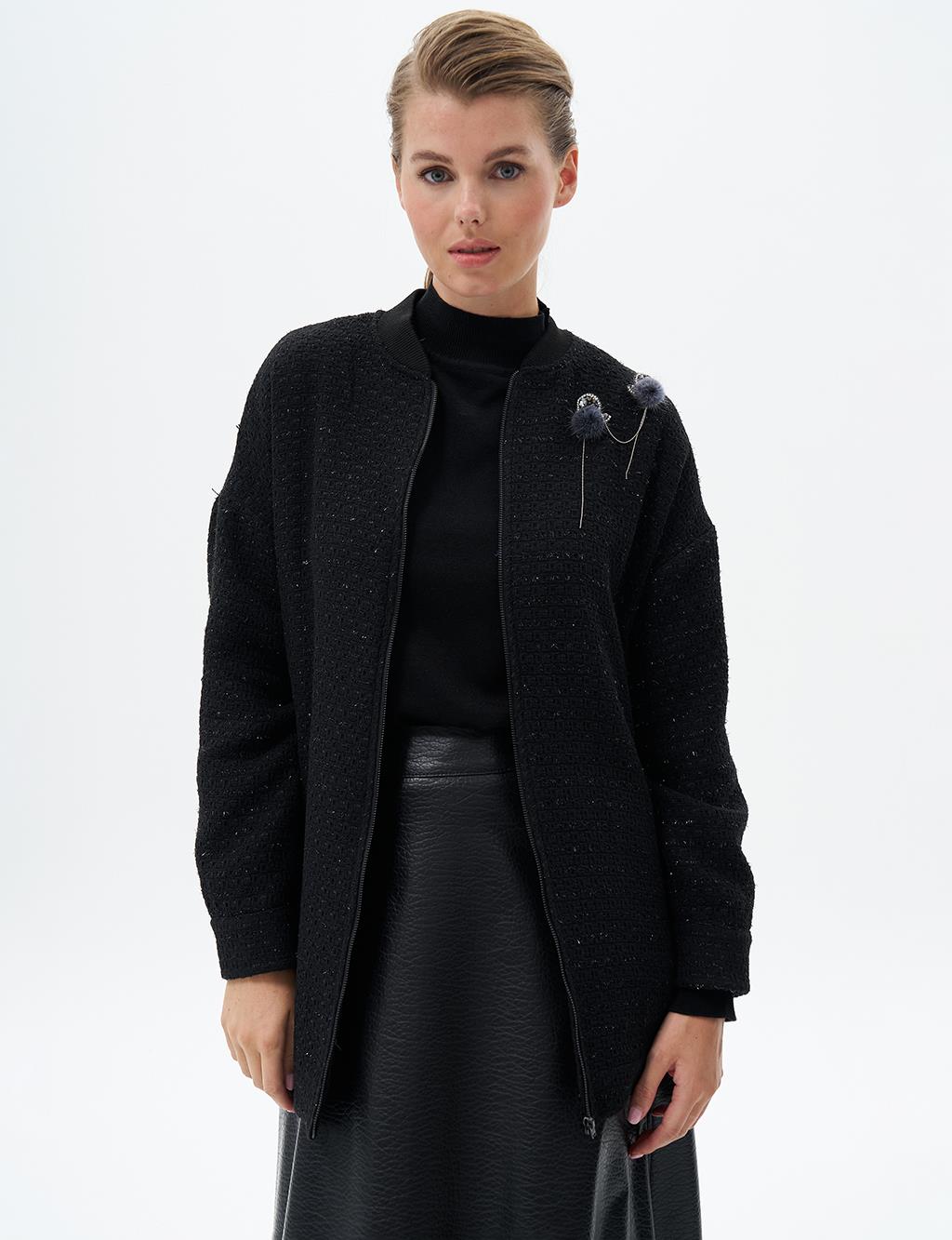 Ribbed Brooch Detailed Jacket Black