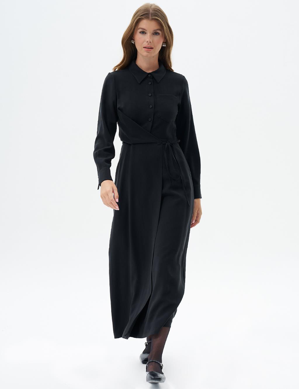 Bel Detaylı Rayon Elbise Siyah