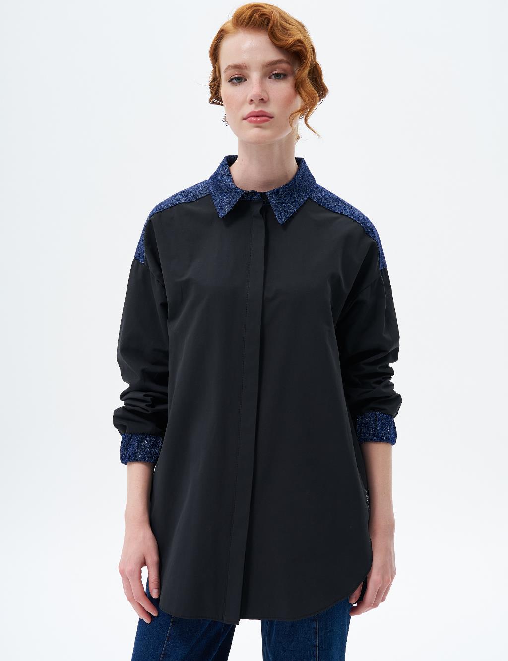 Blouse with Hidden Garnish on the Placket Black