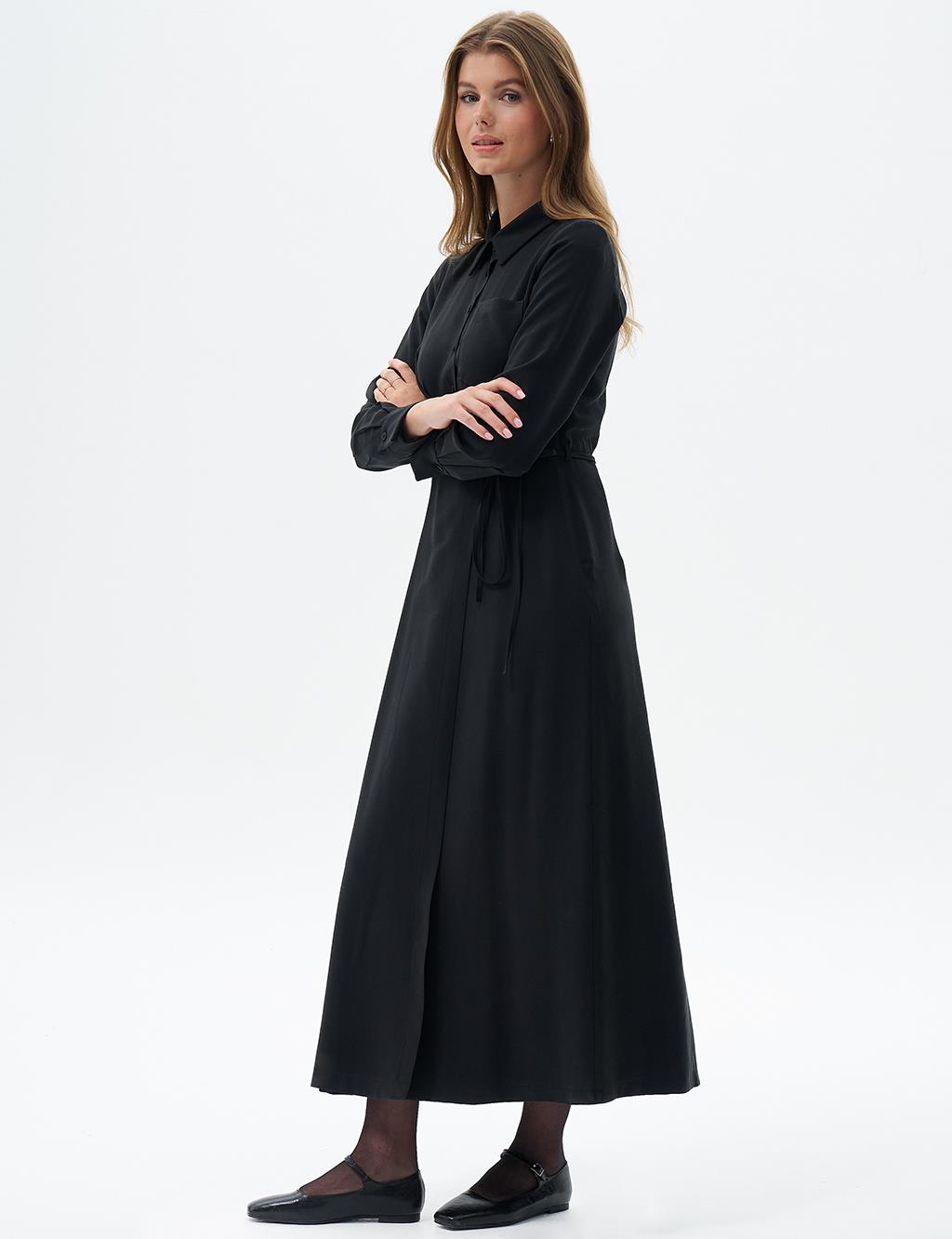 Bel Detaylı Rayon Elbise Siyah