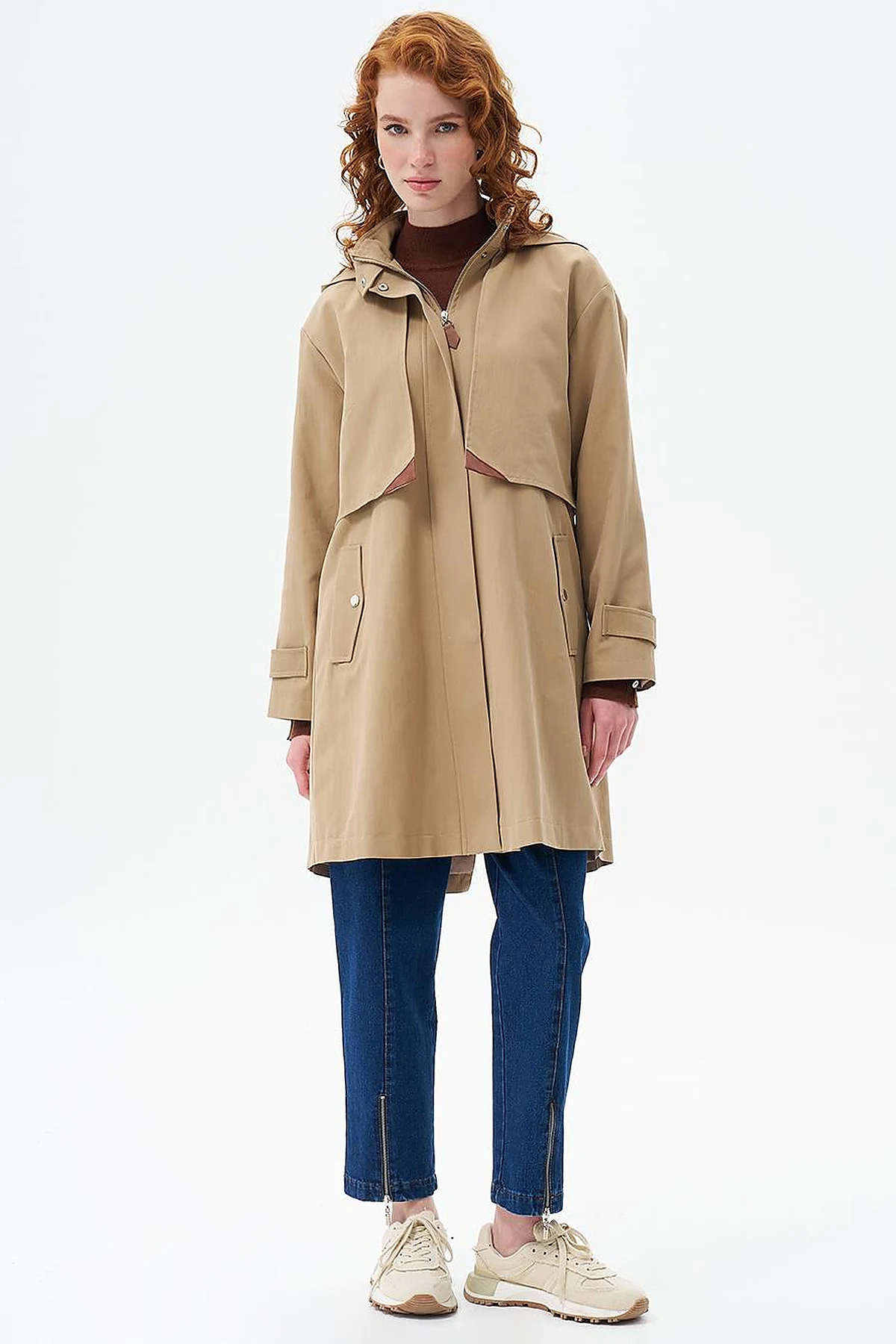 Stand Collar Coat with Pocket Detail Beige