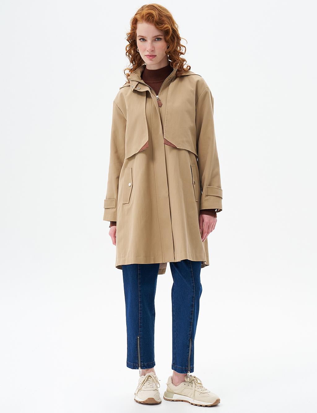 Stand Collar Coat with Pocket Detail Beige