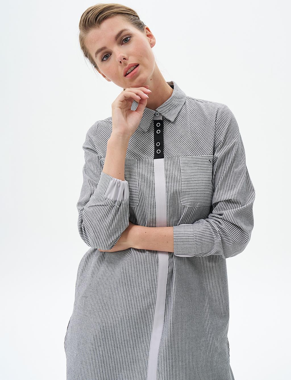 Striped Pattern Tunic with Elastic Gathered Wrists Black