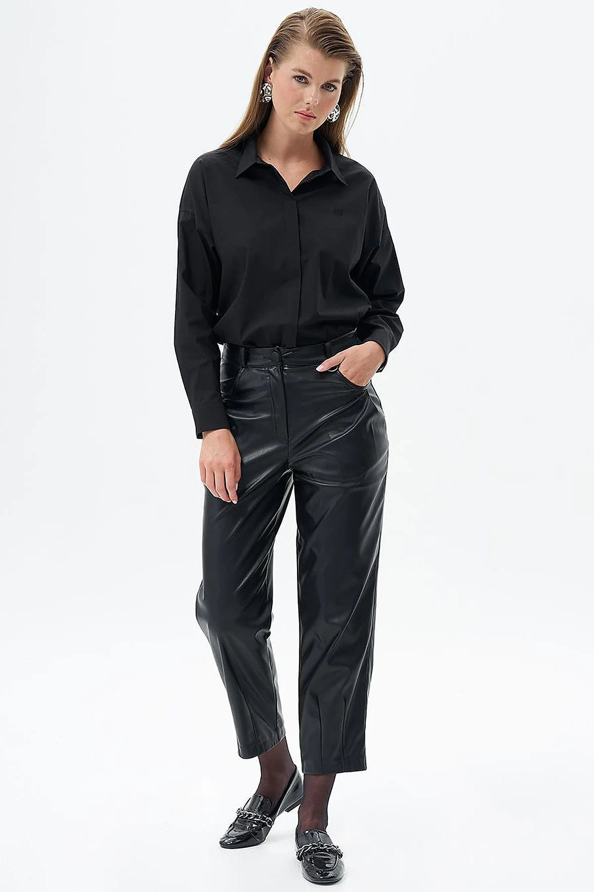 Metal Accessory Detailed Faux Leather Pants Black
