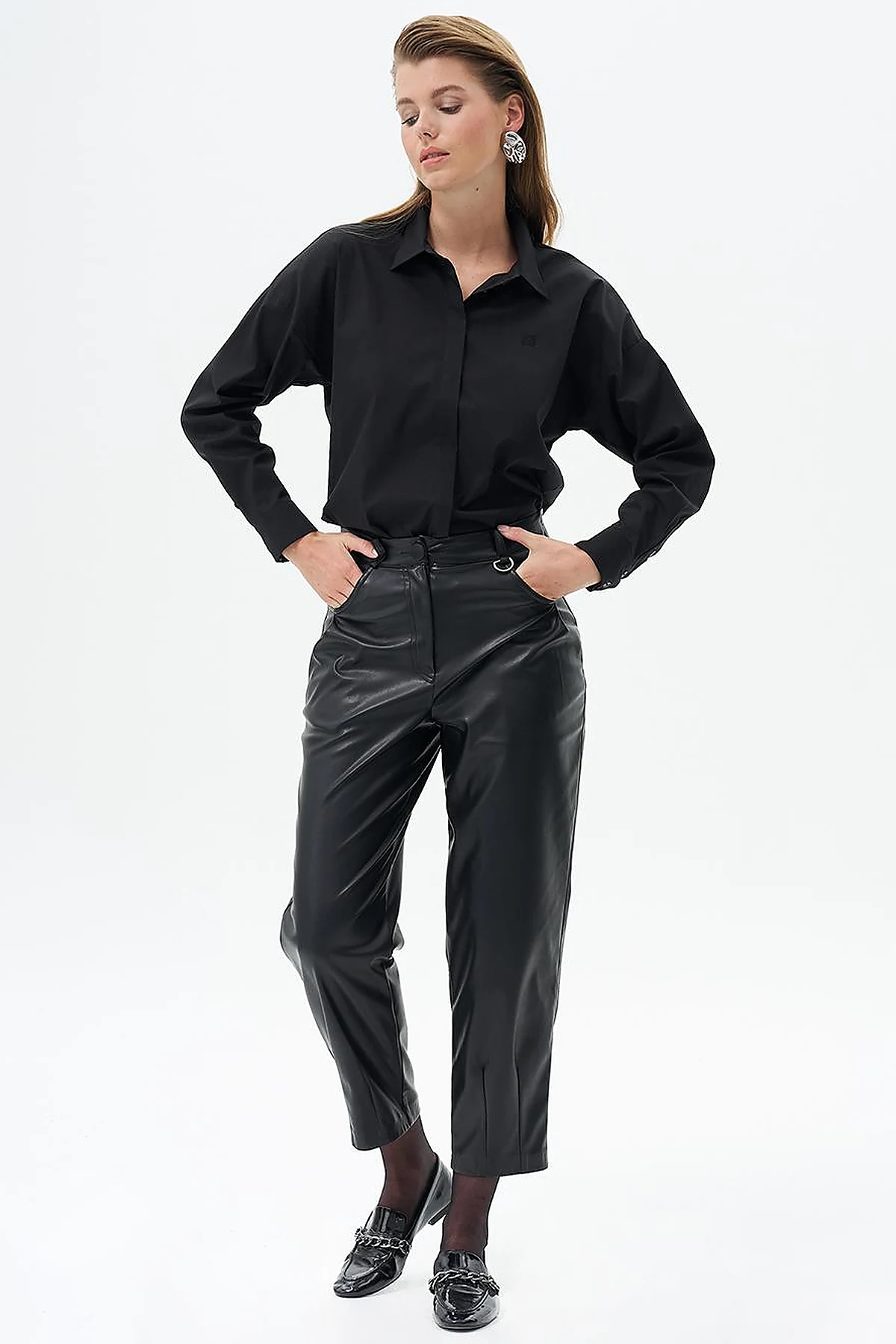 Metal Accessory Detailed Faux Leather Pants Black