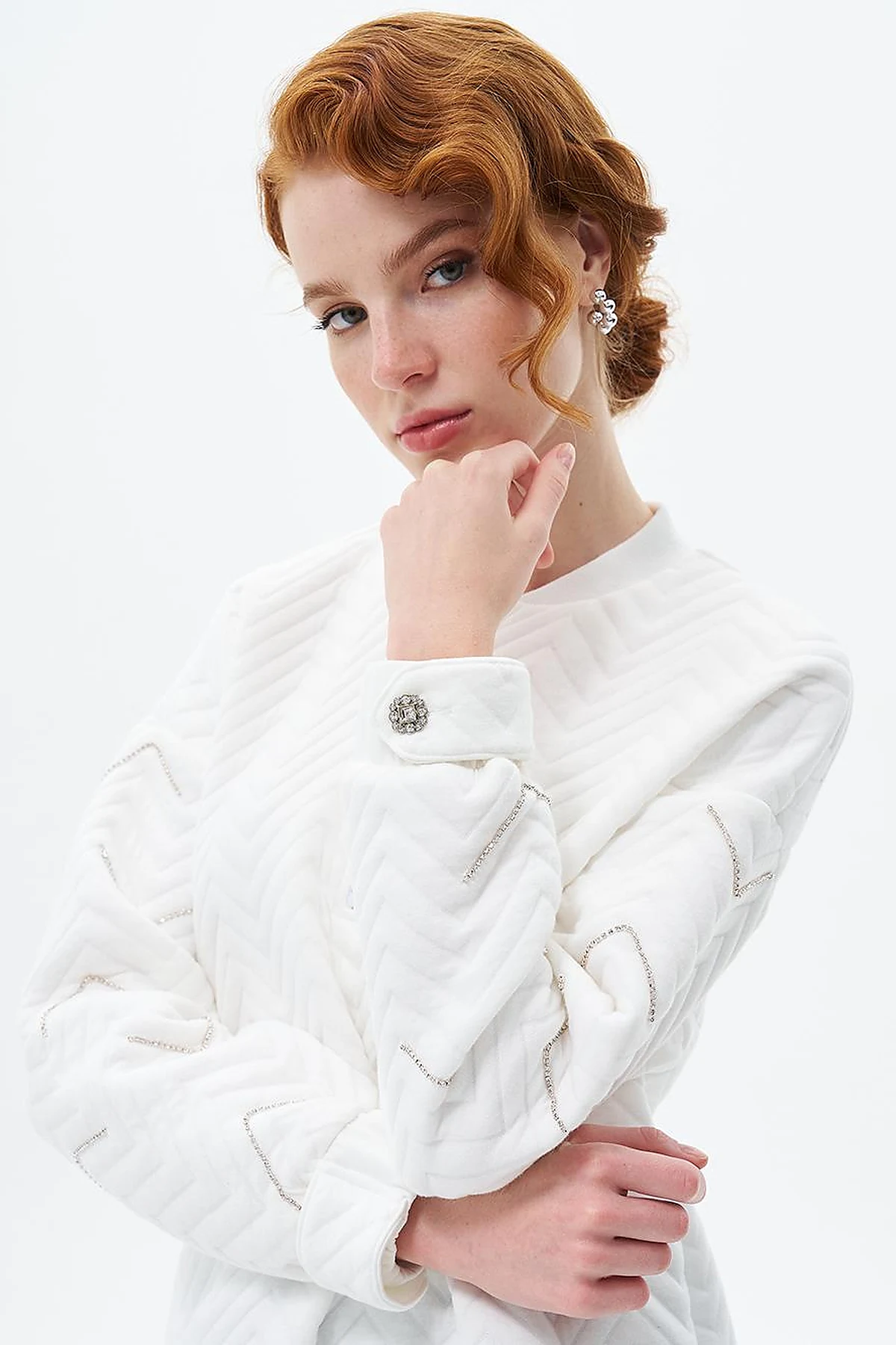 Stone-Embellished Cotton Sweatshirt Optic White
