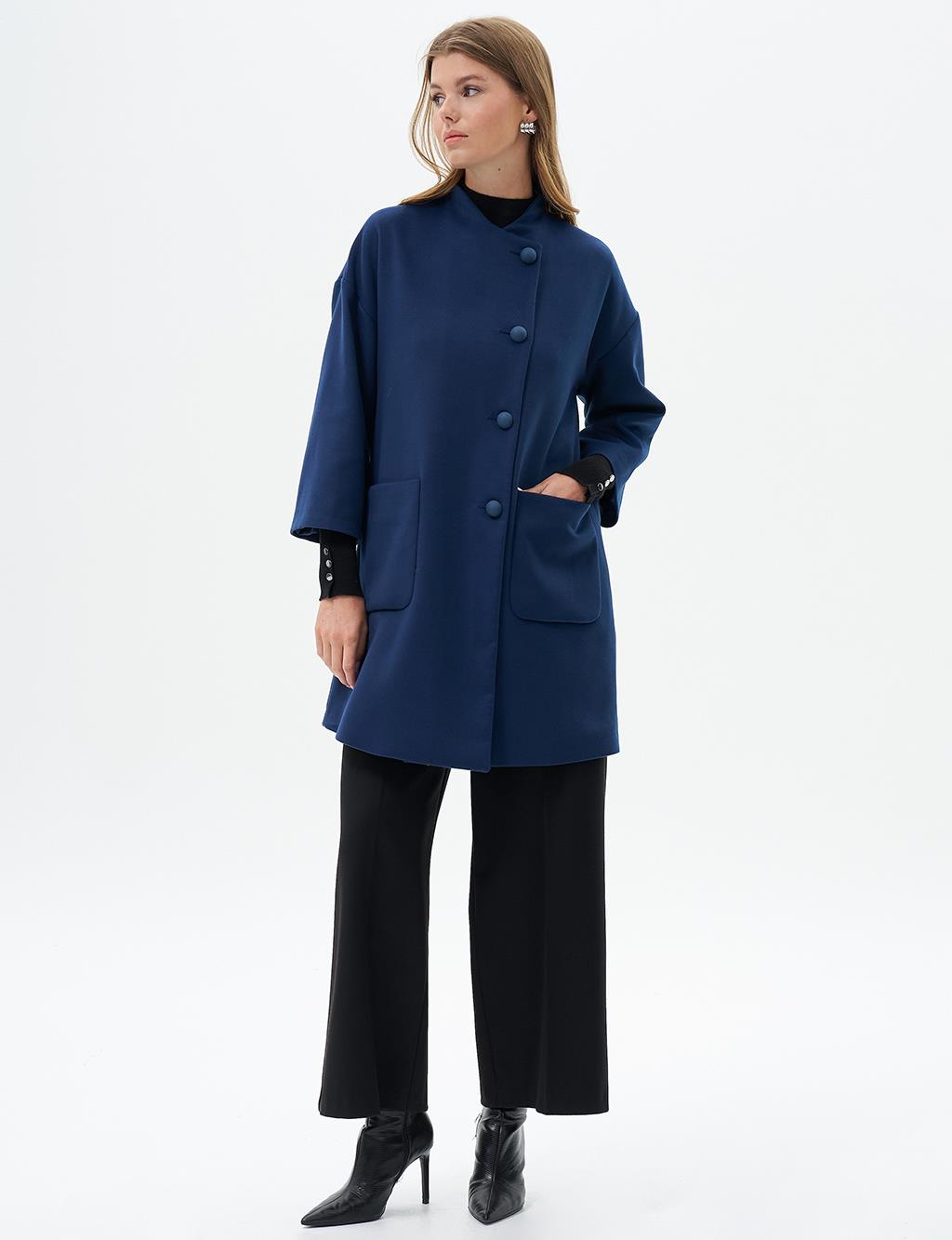 Three Quarter Sleeve Cashmere Coat Navy Blue