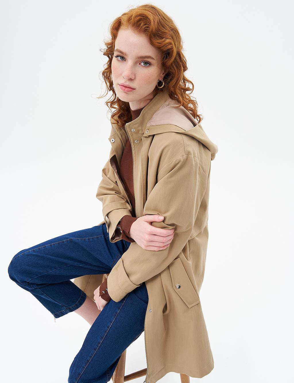 Stand Collar Coat with Pocket Detail Beige