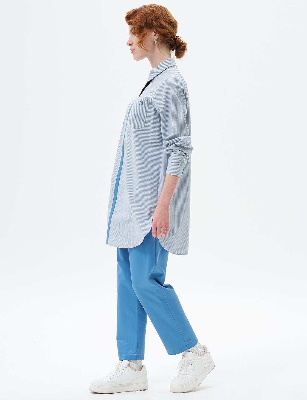 Striped Pattern Tunic with Elastic Gathered Wrists Crown Blue