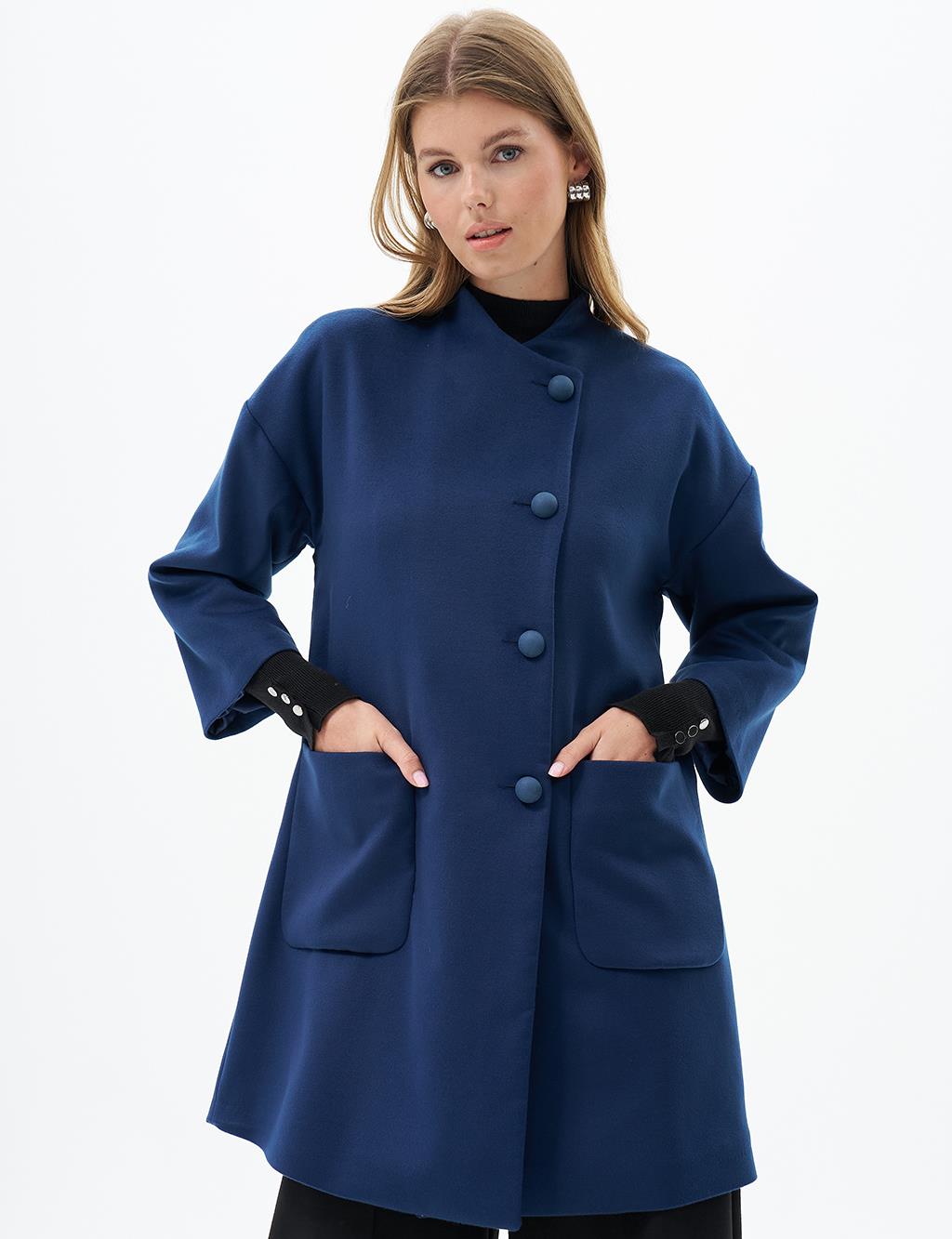 Three Quarter Sleeve Cashmere Coat Navy Blue