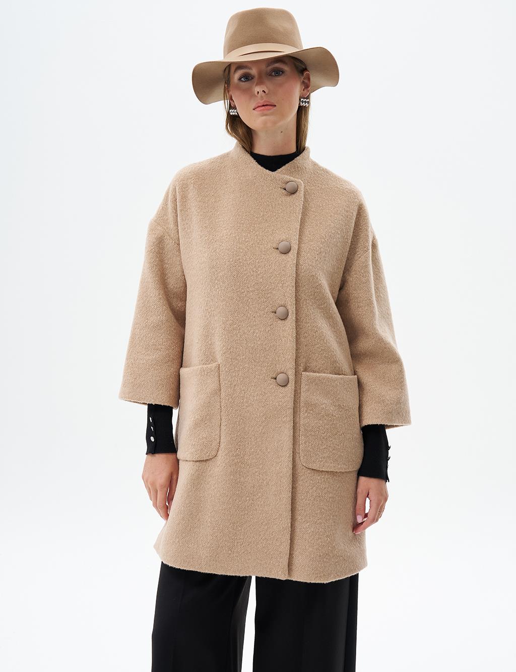 Three Quarter Sleeve Cashmere Coat Beige