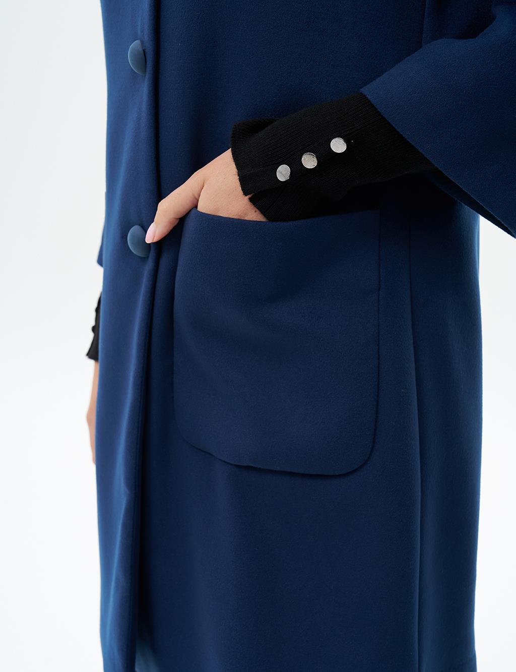 Three Quarter Sleeve Cashmere Coat Navy Blue