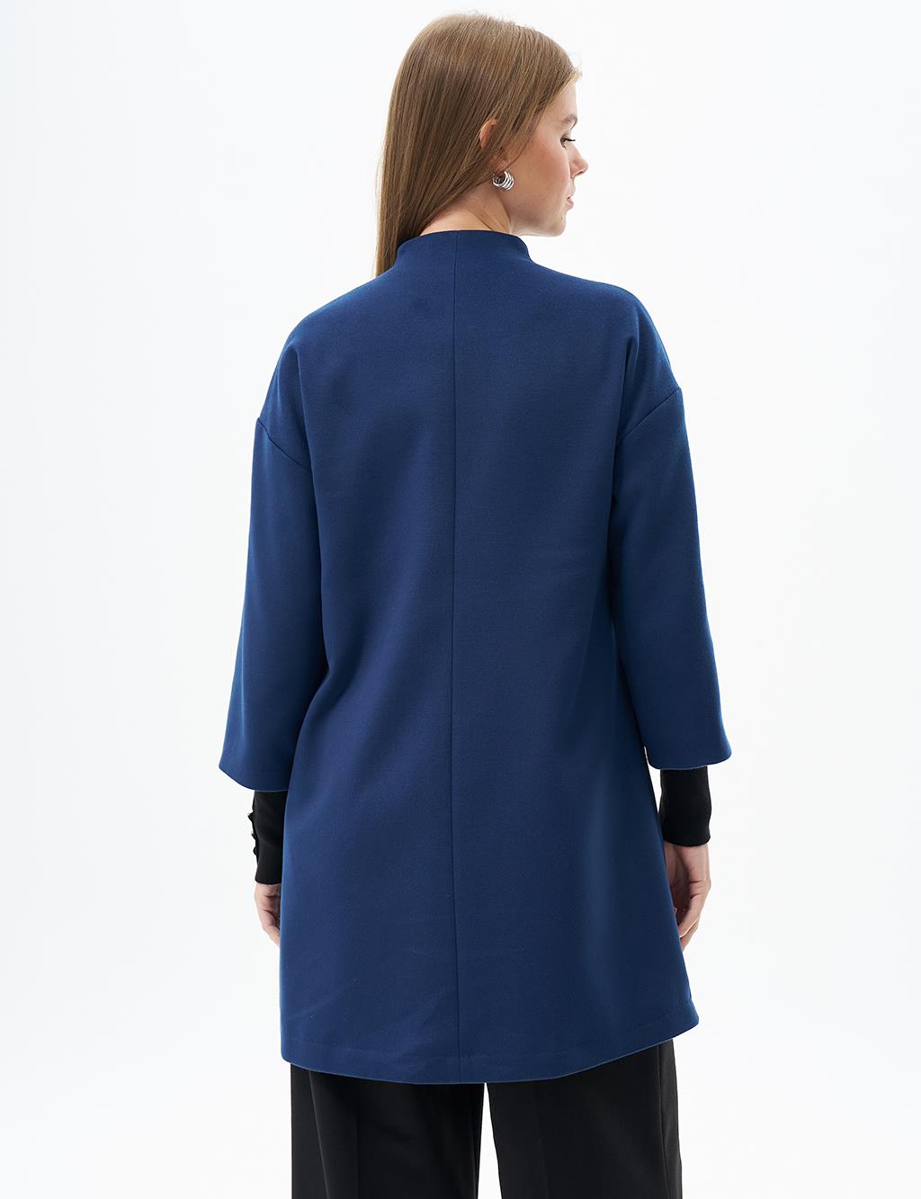 Three Quarter Sleeve Cashmere Coat Navy Blue
