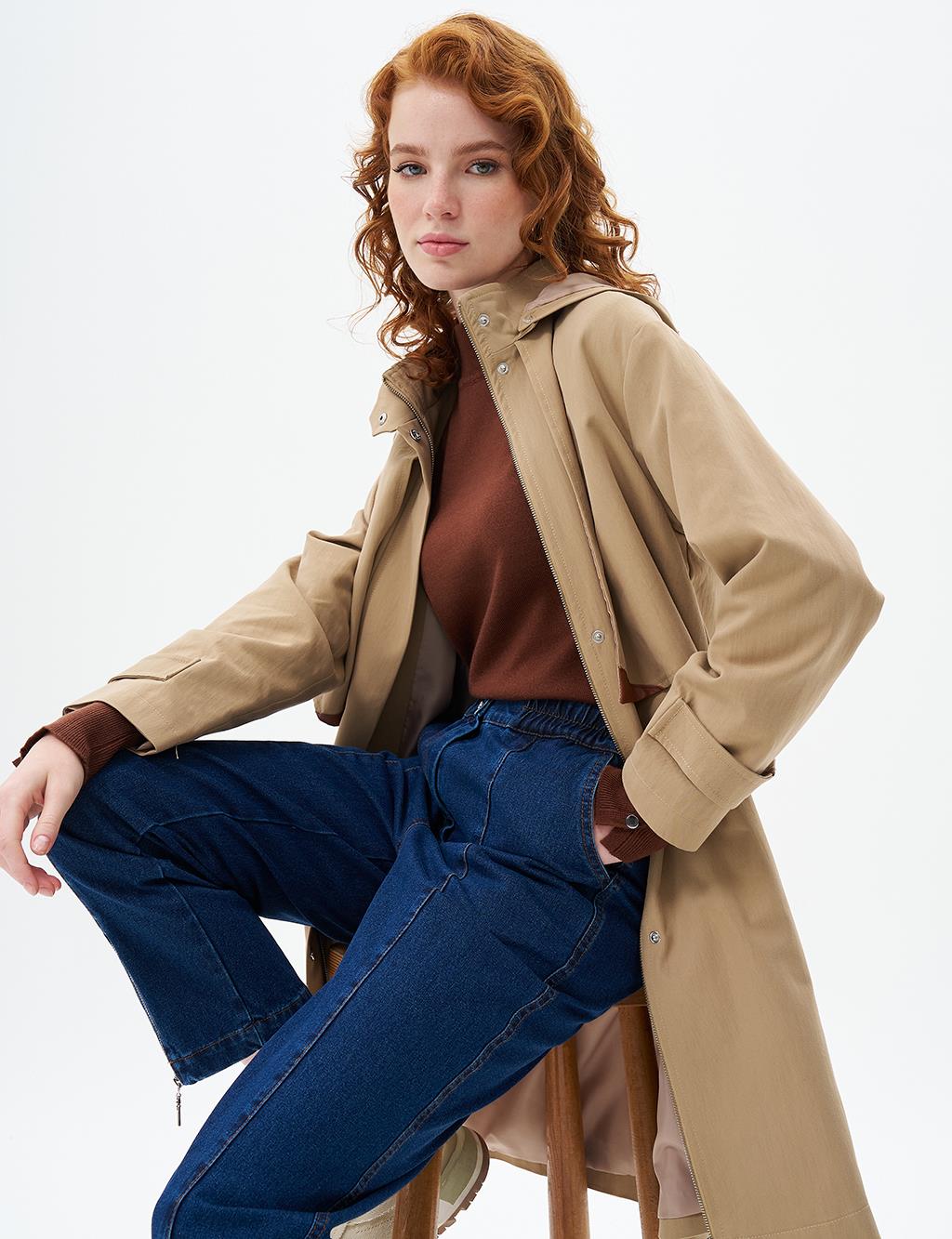 Stand Collar Coat with Pocket Detail Beige