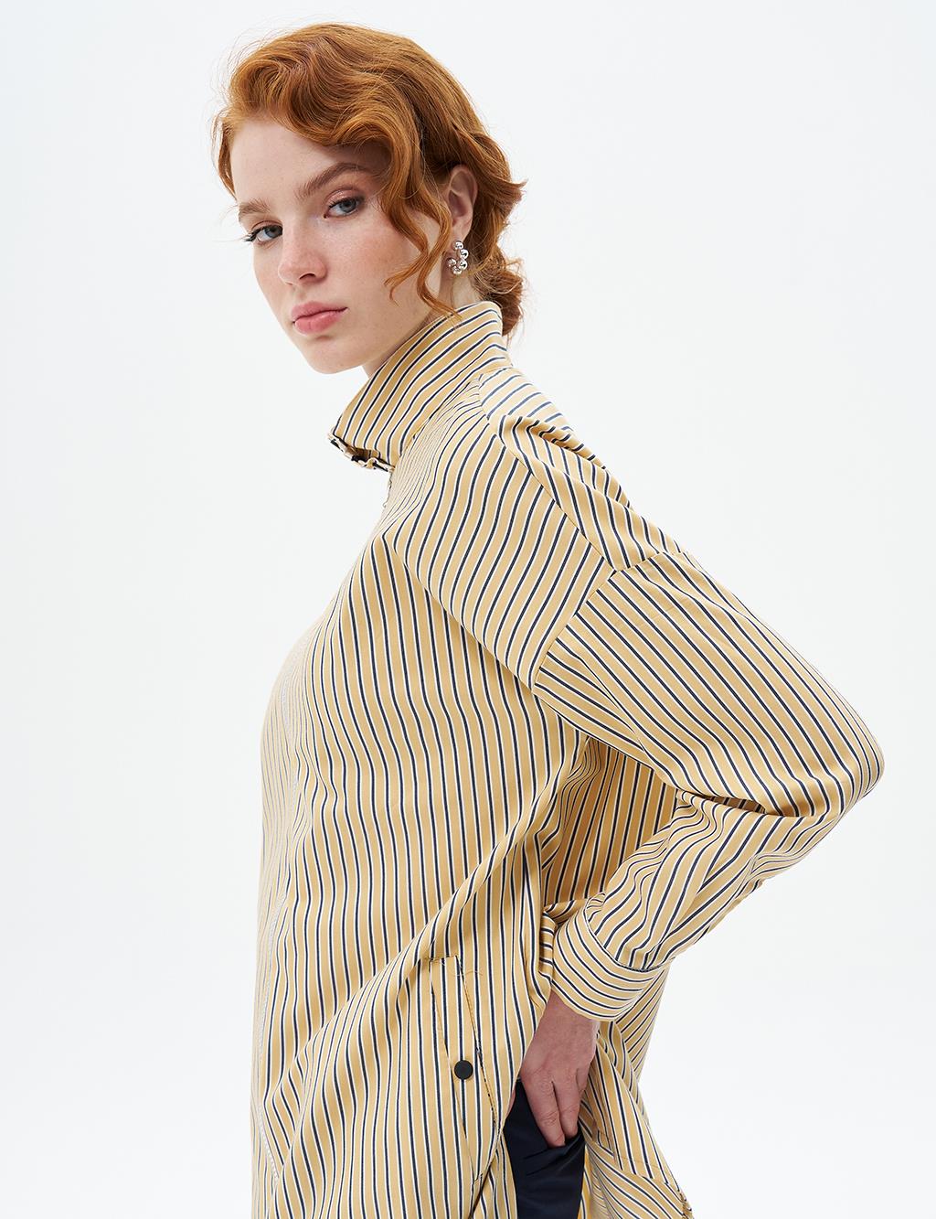 Snap-Flip Stand Collar Poplin Tunic Yellow