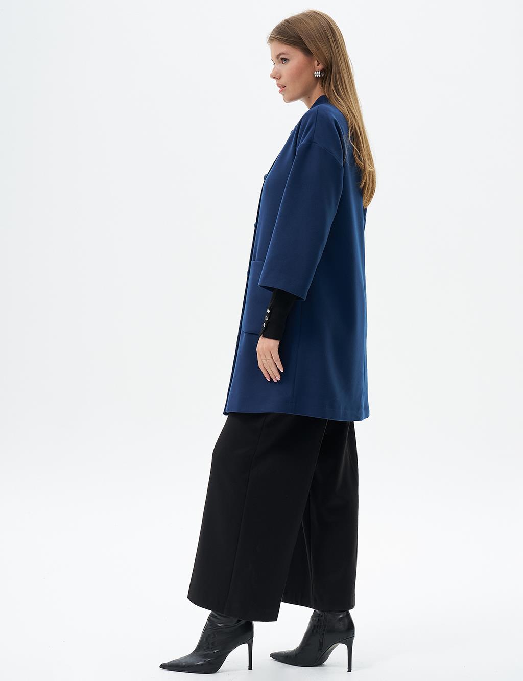 Three Quarter Sleeve Cashmere Coat Navy Blue